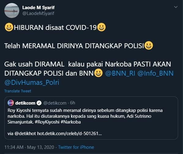 Roy Kiyoshi Ngaku Sudah Ramal Ditangkap, Eks Wakil Ketua KPK Ngakak Online. (twitter.com/LaodeMSyarif)