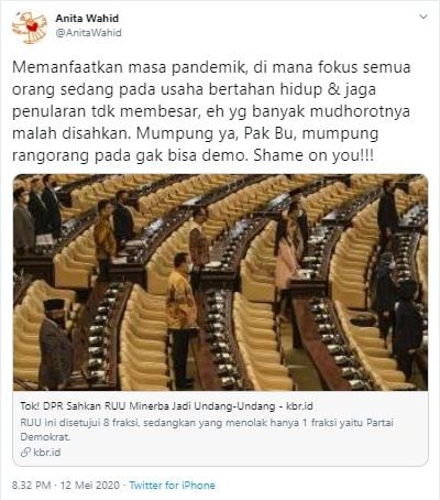 Cuitan Anita Wahid soal pengesahan RUU Minerba (Twitter).