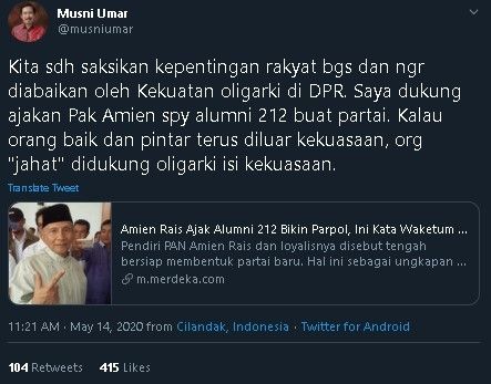 Musni Umar dukung Amien Rais ajak PA 212 bikin partai baru. (Twitter/@musniumar)