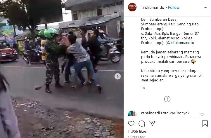 Dua pemuda mabuk mengeroyok anggota TNI. (Instagram/@infokomando)