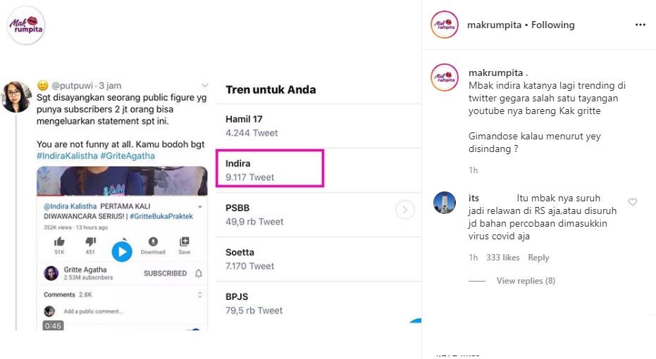 Indira Trending di Twitter. (Instagram/Makrumpita)