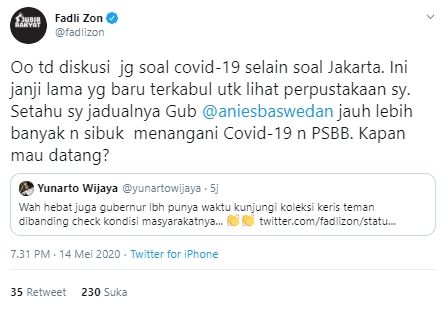 Fadli Zon balas cuitan Yunarto Wijaya soal kunjungan Anies Baswedan (Twitter).