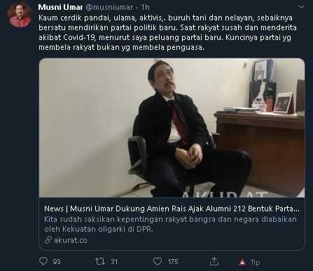 Musni Umar dukung Amien Rais ajak PA 212 bikin partai baru. (Twitter/@musniumar)