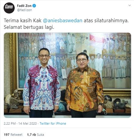 Anies Baswedan berkunjung ke perpustakaan Fadli Zon (Twitter).