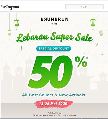 Promo diskon produk kecantikan Brunbrun Paris. (Instagram)