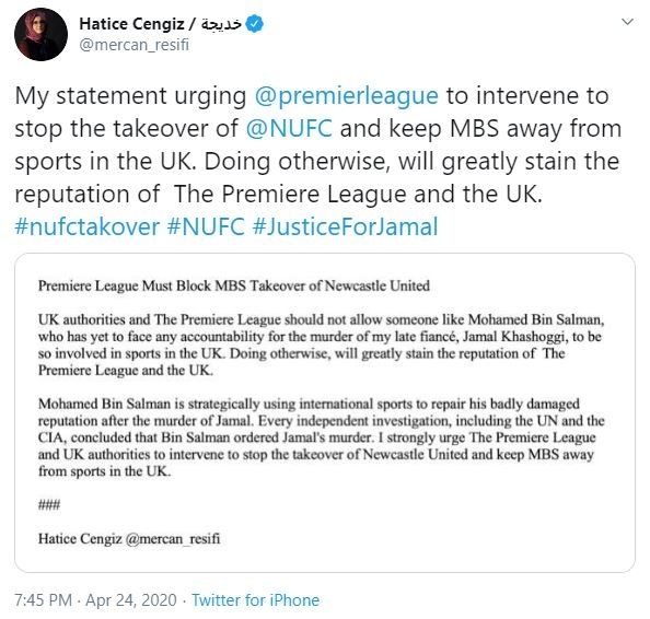 Kritikan Hatice Cengiz soal pembelian Newcastle United oleh Pangeran Salman. (Twitter/@mercan_resifi)