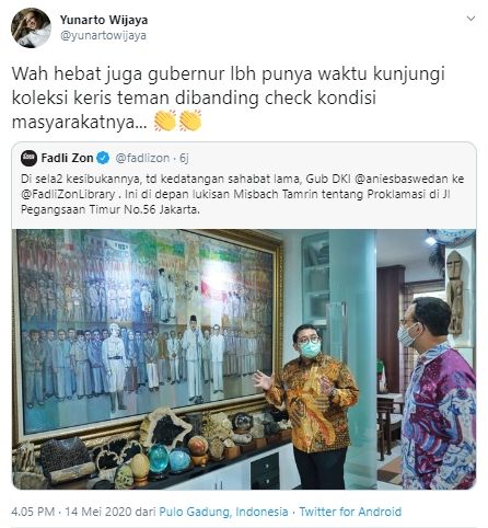 Yunarto Wijaya sindir Anies Baswedan yang berkunjung ke perpustakaan Fadli Zon (Twitter).