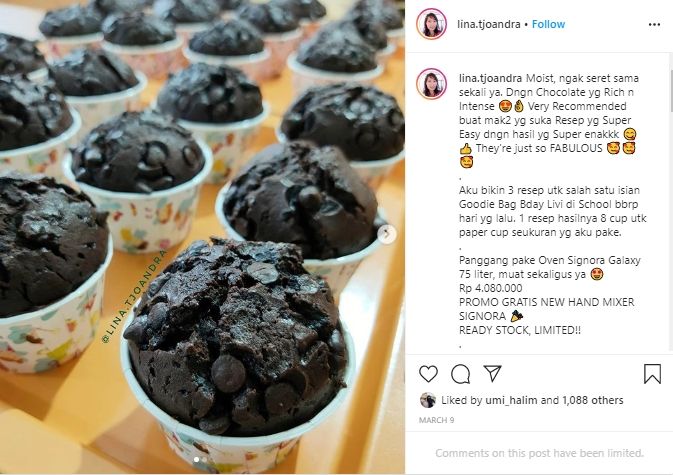 Nggak Melulu Kue Kering, Ini Resep Fabulous Chocolate Muffin untuk Lebaran. (Instagram/@lina.tjoandra)