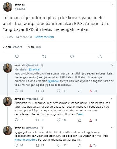 Cuitan Savic Ali soal kenaikan iuran BPJS Kesehatan (Twitter).