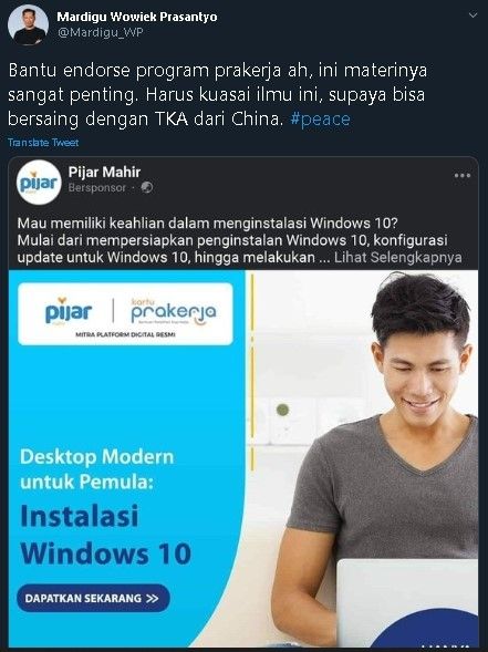 Kursus instal windows 10 di Kartu Prakerja. (Twitter)