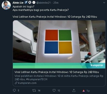 Kursus instal windows 10 di Kartu Prakerja. (Twitter)