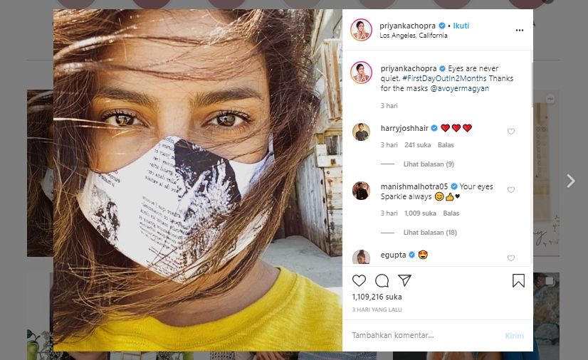 Priyanka Chopra tampil keren pakai masker. (Instagram/@priyankachopra)