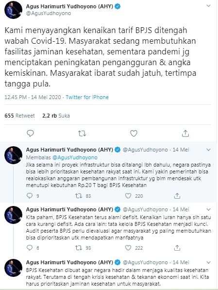 AHY menyayangkan tarif BPJS Kesehatan naik (Twitter/agusyudhoyono)