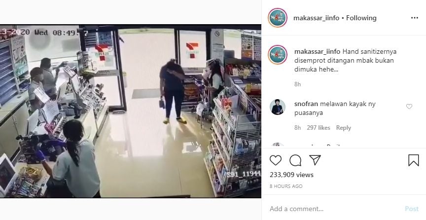 pegawai salah semprot hand sanitizer ke kening pelanggan (Instagram/makassar_iinfo)