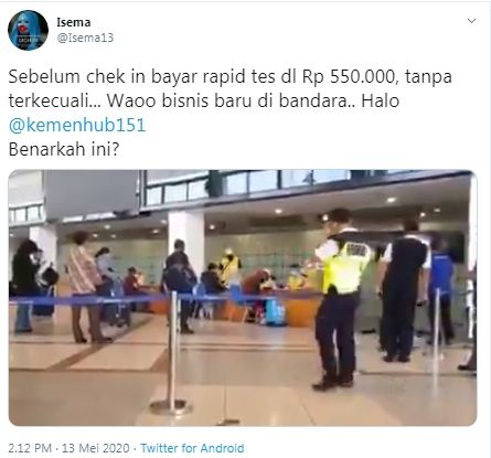 viral video penumpang di bandara wajib bayar rapid test Rp 550 ribu (Twitter/isema13)