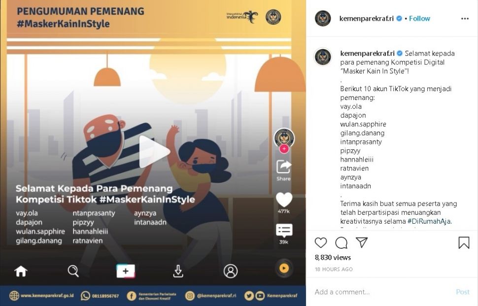 Kompetisi digital "Masker Kain in Style" Kemenparekraf - (Instagram/@kemenparekraf.ri)