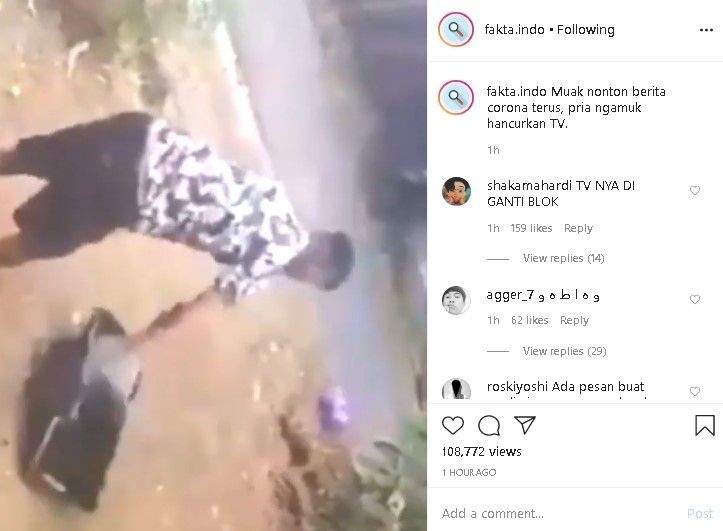 Pria banting tv diduga muak nonton berita corona. (Instagram)