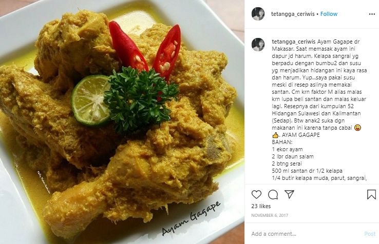 Ayam Gagape, hidangan lebaran khas Makassar. (Instagram/@tetangga_ceriwis)