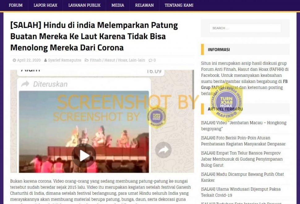 Warga India buang patung karena corona (Turnbackhoax.id)