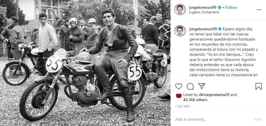 Sindiran pedas Jorge Lorenzo pada Giacomo Agostini. (Instagram)