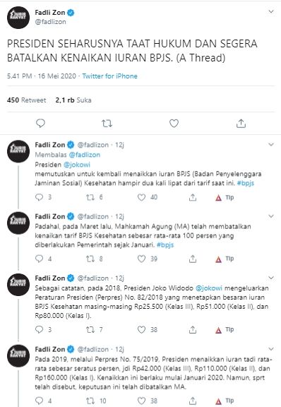 Fadli Zon desak Jokowi batalkan kenaikan iuran BPJS Kesehatan (Twitter).