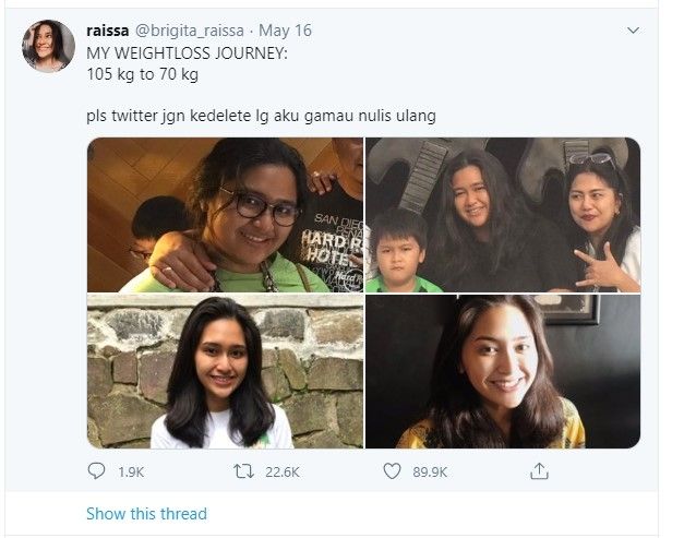 Kisah Viral Raissa menurunkan berat bada. (dok: Twitter/@brigita_raissa)