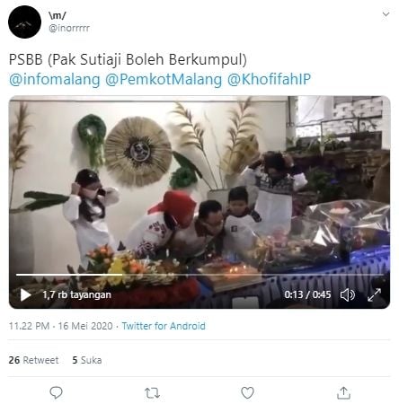 Walikota Malang Sutiaji mengadakan ulang tahun di tengah PSBB (Twitter).