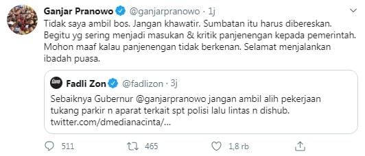 Respons Ganjar usai disindir Fadli Zon mengambil alih pekerjaan tukang parkir (Twitter)