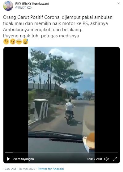 Warga Garut positif corona ke RS naik motor (Twitter).