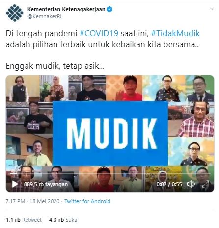 Lagu #TidakMudik yang dinyanyikan para menteri (Twitter).