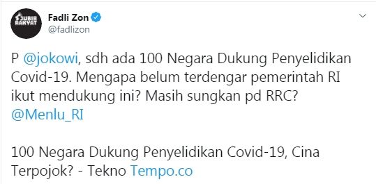 Fadli Zon sindir pemerintah soal dukungan penyelidikan Cocid-19 (Twitter/fadlizon)