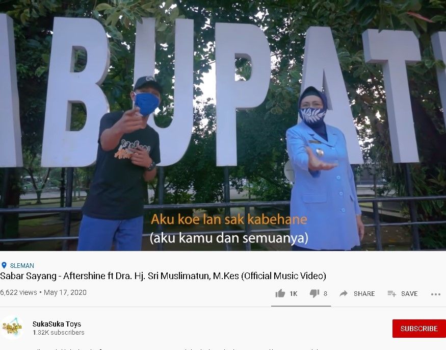 Lagu "Sabar Sayang" Aftershine ft Wabup Sleman Sri Muslimatun - (YouTube/SukaSuka Toys)