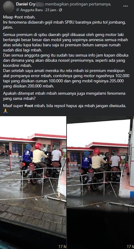 Viral modus penimbun BBM bersubsidi dengan menggunakan motor. (Facebook/Daniel)