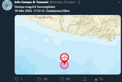 Gempa Gunungkidul bermagnitudo 4,6. [@Gempa_Tsunami / Twitter]