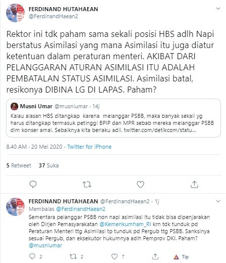 Cuitan Ferdinand Hutahaean soal penangkapan Bahar bin Smith (Twitter).