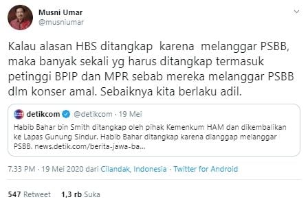 Cuitan Musni Umar soal penangkapan Bahar bin Smith (Twitter).