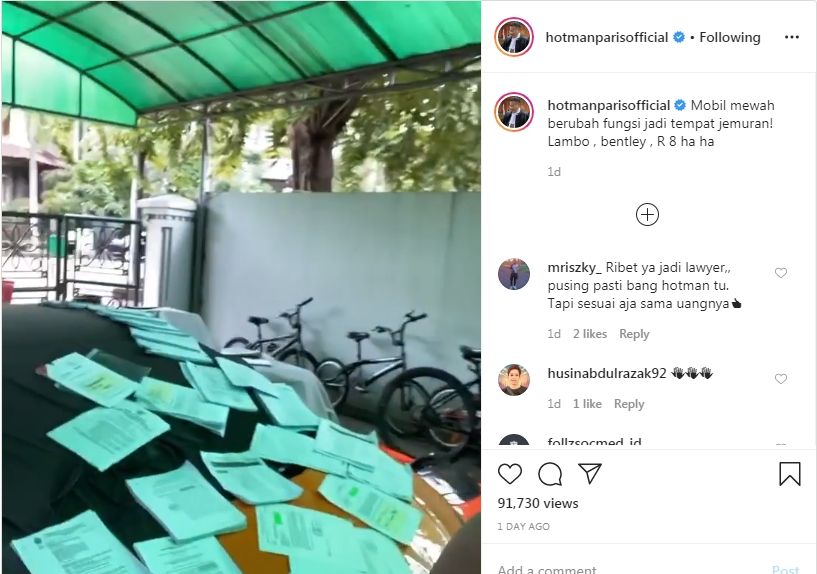 Lamborghini Hotman Paris jadi tempat jemuran (Instagram/hotmanparisofficial)