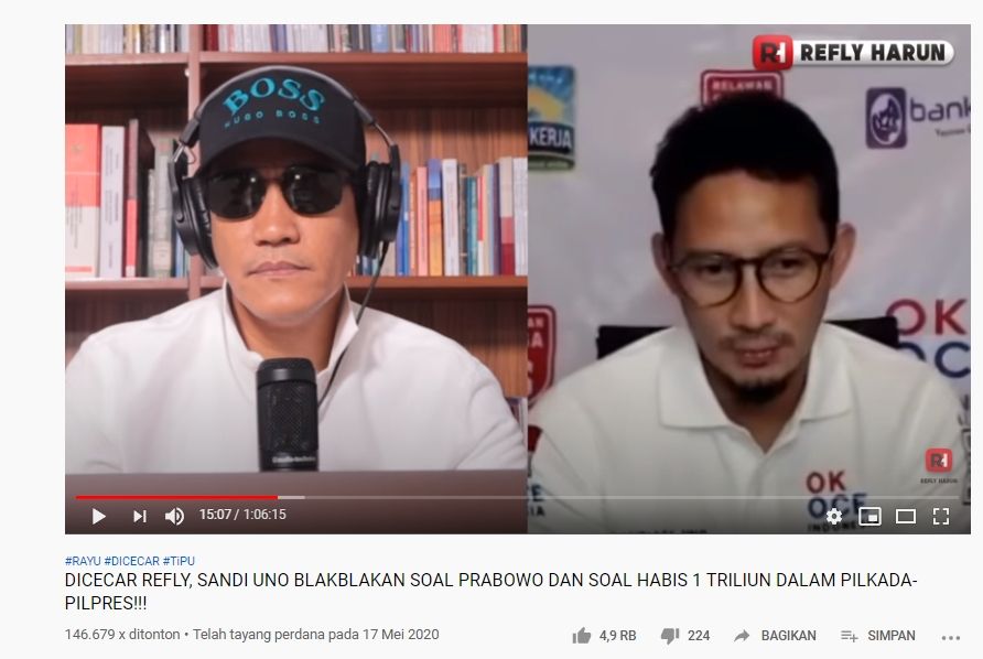 Sandiaga Uno sebut suara Fadli Zon tak wakili partai (YouTube/ReflyHarun)