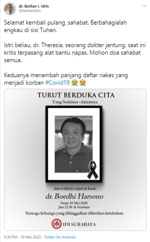 Dokter Boedhi Harsono meninggal dunia akibat COVID-19 (Twitter).