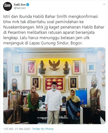 Istri dan ibunda Habib Bahar mengadu ke Fadli Zon (Twitter).