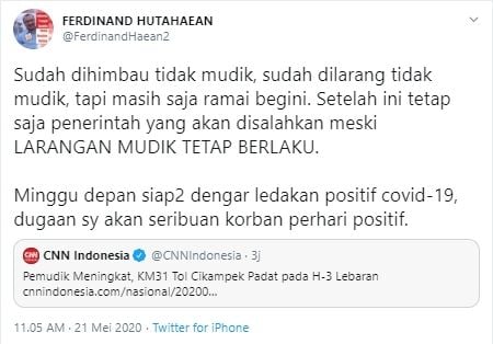 Cuitan Ferdinand Hutahaean soal jumlah pemudik yang meningkat (Twitter).