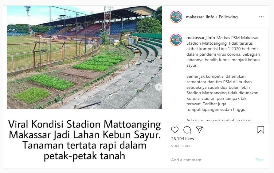 Stadion Mattoanging jadi kebun sayur (Instagram/makassar_iinfo)