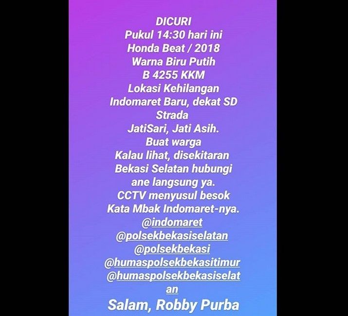 Robby Purba umumkan kehilangan sepedamotor. [Instagram]