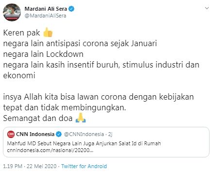 Mardani Ali Sera sindir Mahfud MD soal Salat Id dari rumah (Twitter/mardanialisera)