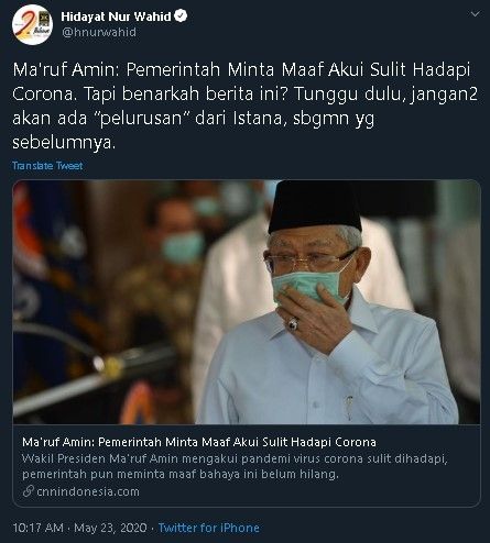 Cuitan HNW soal permintaan maaf Maruf Amin. (Twitter/@hnurwahid)