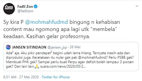 Cuitan Fadli Zon soal pernyataan Mahfud MD (Twitter).