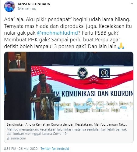 Cuitan Jansen Sitindaon merespon pendapat Mahfud MD soal corona (Twitter).