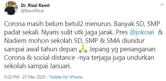 Rizal Ramli minta sekolah diliburkan hingga awal 2021 (Twitter/ramlirizal)