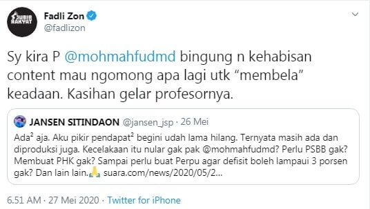 Fadli Zon ragukan gelar Mahfud MD (Twitter/fadlizon)