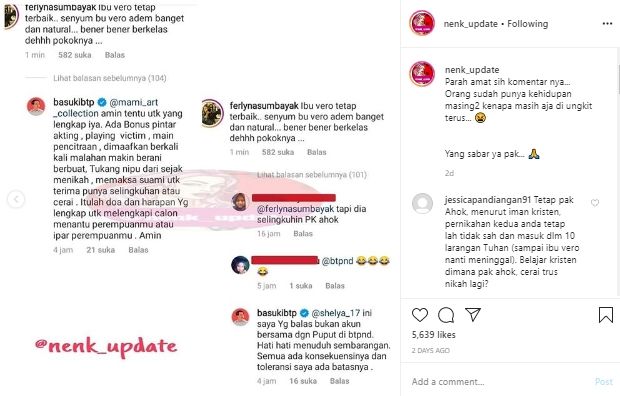 Ahok geram warganet bandingkan Puput dengan mantan istrinya (Instagram).